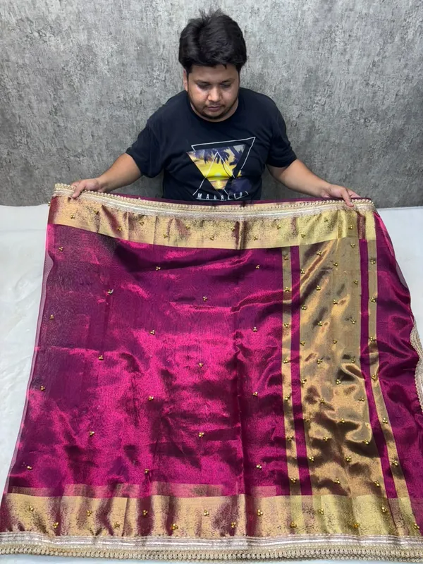 CARMINE_PINK_TISSUE_SILK_GHUNGROO_WORK_SAREE