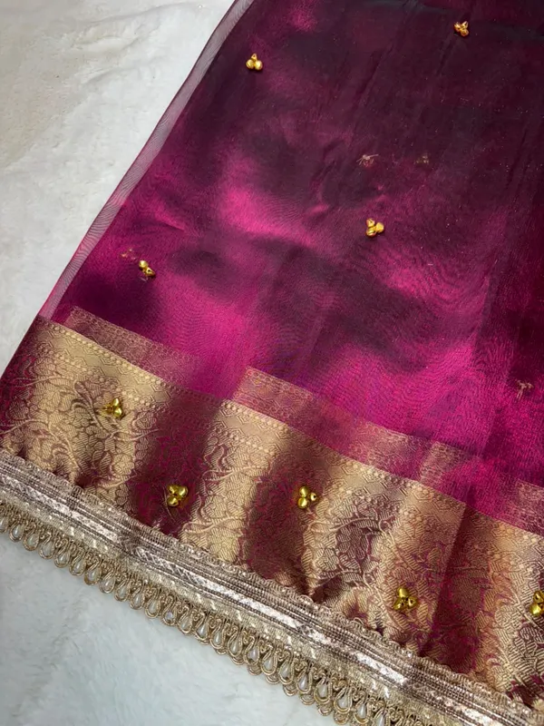 CARMINE_PINK_TISSUE_SILK_GHUNGROO_WORK_SAREE