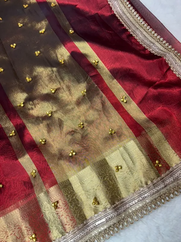 CARMINE_RED_TISSUE_SILK_GHUNGROO_WORK_SAREE