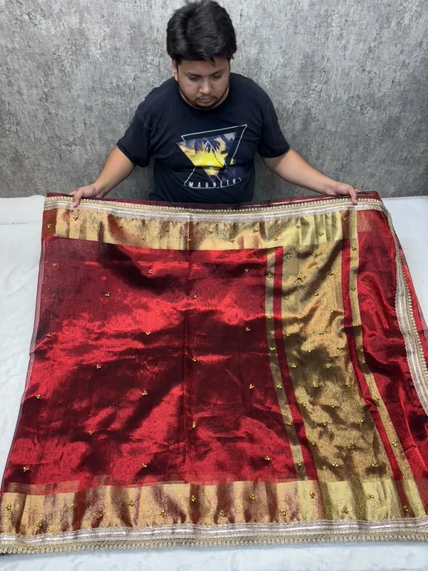 CARMINE_RED_TISSUE_SILK_GHUNGROO_WORK_SAREE
