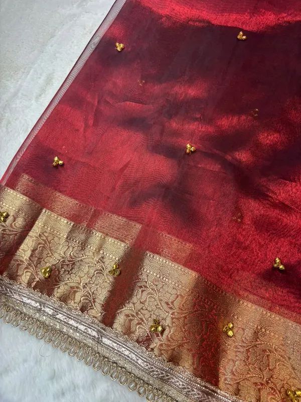 CARMINE_RED_TISSUE_SILK_GHUNGROO_WORK_SAREE