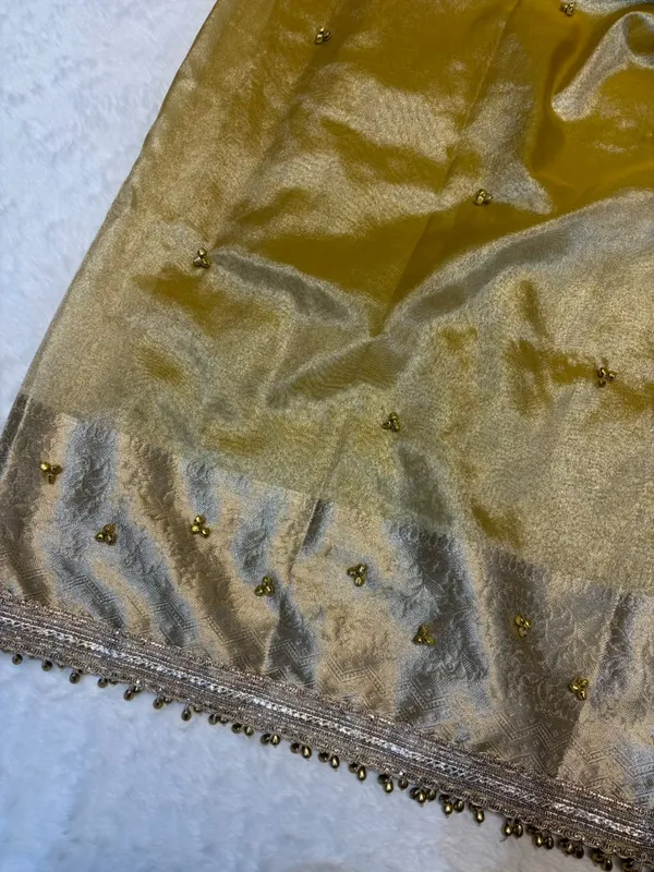 CARMINE_YELLOW_LEMON_TISSUE_SILK_GHUNGROO_WORK_SAREE