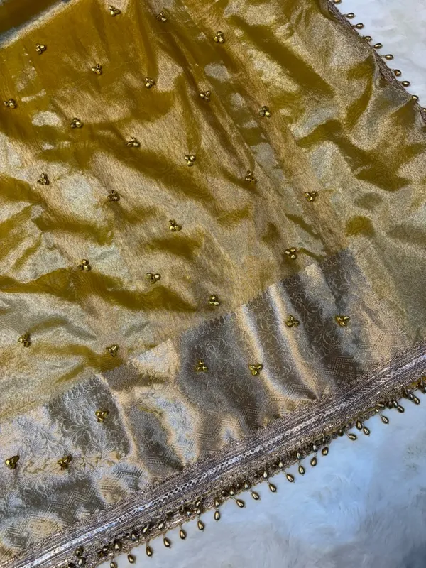 CARMINE_YELLOW_LEMON_TISSUE_SILK_GHUNGROO_WORK_SAREE