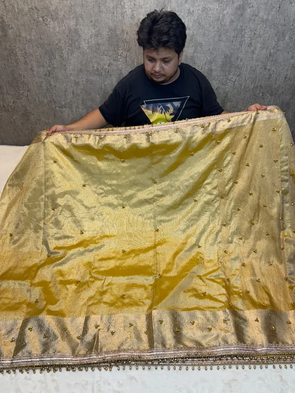 CARMINE_YELLOW_LEMON_TISSUE_SILK_GHUNGROO_WORK_SAREE