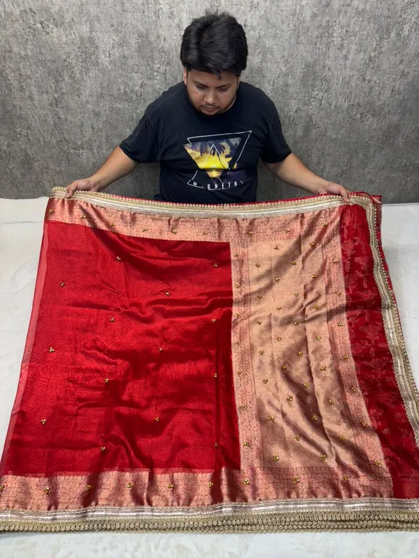 CARMINE_RED_TISSUE_SILK_GHUNGROO_WORK_SAREE