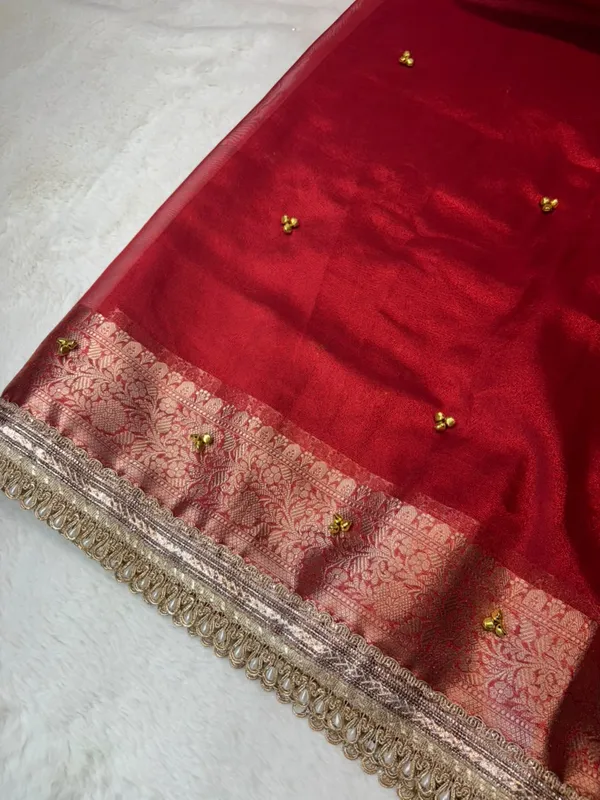 CARMINE_RED_TISSUE_SILK_GHUNGROO_WORK_SAREE
