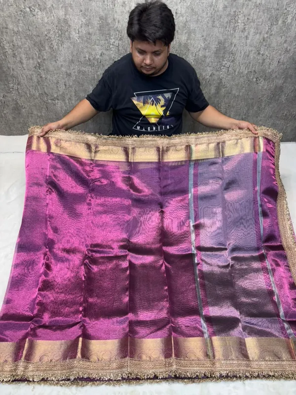 WINE_COLOUR_LACE_WORK_BANARASI_TISSUE_SILK_SAREE