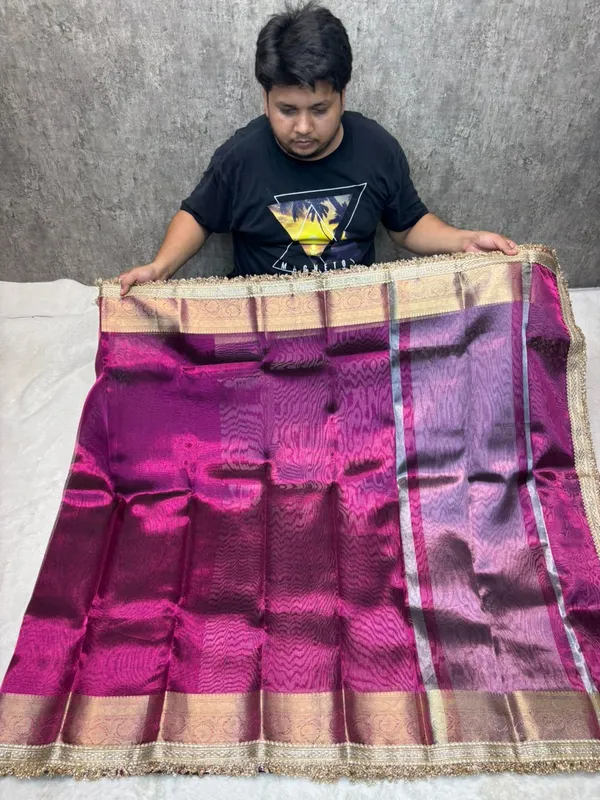 PINK_COLOUR_LACE_WORK_BANARASI_TISSUE_SILK_SAREE