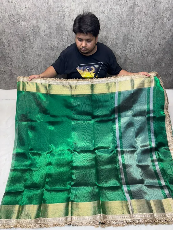 GREEN_COLOUR_LACE_WORK_BANARASI_TISSUE_SILK_SAREE