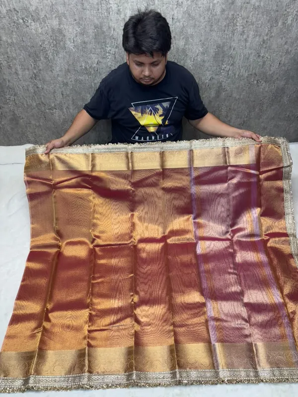 PEACH_COLOUR_LACE_WORK_BANARASI_TISSUE_SILK_SAREE
