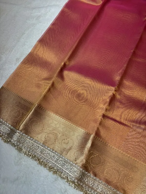 PEACH_COLOUR_LACE_WORK_BANARASI_TISSUE_SILK_SAREE