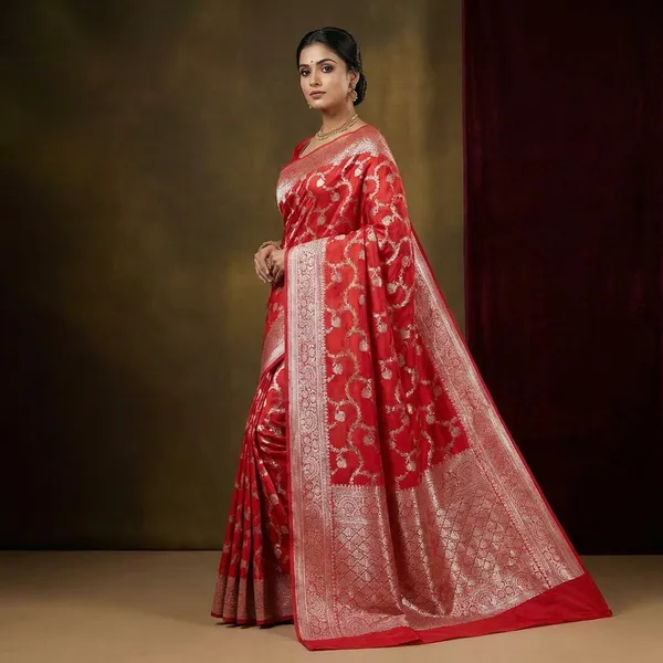 Red_Chinia_Silk_Saree_With_Silver_Zari_Weaving_And_Traditional_Floral_Jal_Work