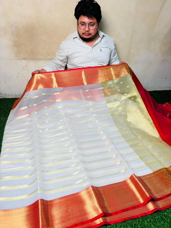White_Silk_Saree_With_Golden_Zari_Stripes_And_Red_Border