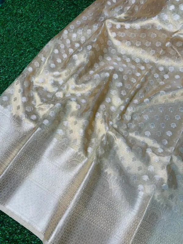 Cream_Tissue_Silk_Ikat_Buti_Banarasi_Saree_With_Silver_Zari_Buti_Work_And_Woven_Border