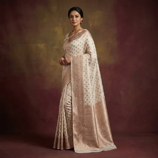 Premium_White_Banarasi_Silk_Saree_With_Golden_Zari_Border_And_Buti_Work