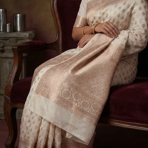 Premium_White_Banarasi_Silk_Saree_With_Golden_Zari_Border_And_Buti_Work