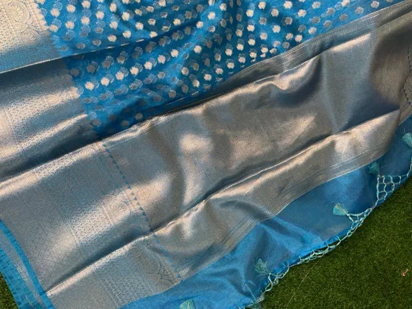 Blue_Tissue_Silk_Ikat_Buti_Banarasi_Saree_With_Silver_Zari_Buti_Work_And_Woven_Border