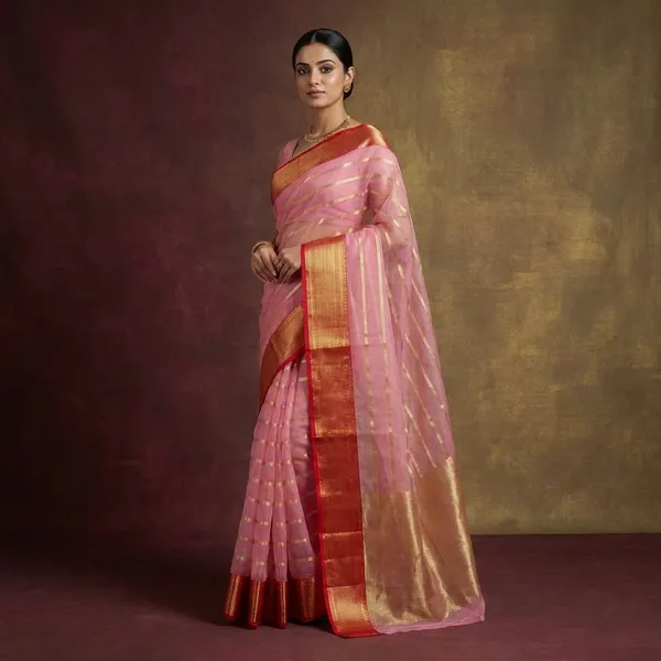 Elegant_Pink_Silk_Saree_With_Golden_Zari_Stripes_And_Contrast_Red_Border