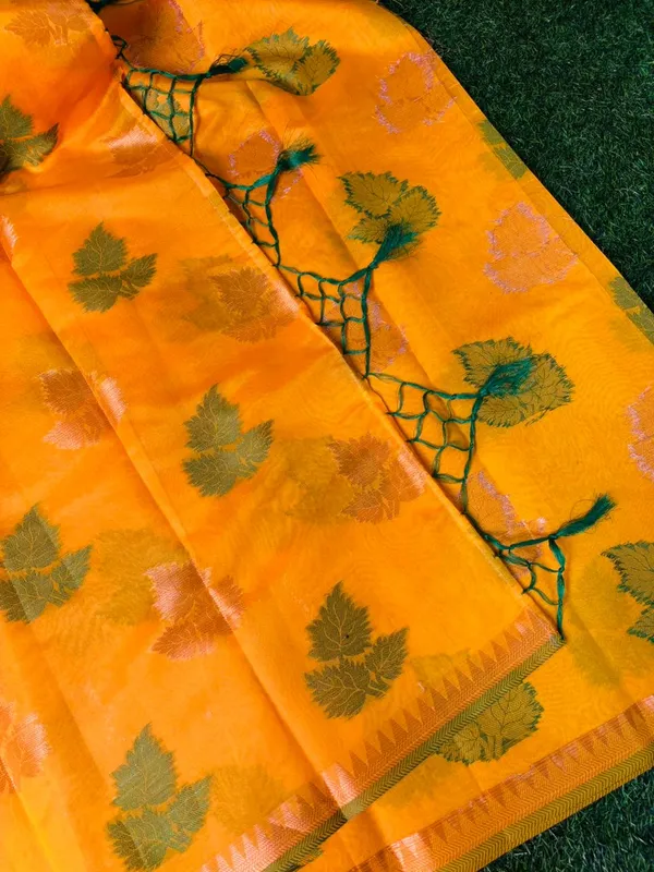 Yellow_Banarasi_Cotton_Silk_Saree_With_Green_Leaf_Motifs_And_Contrasting_Border