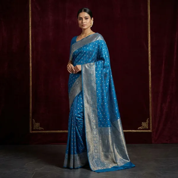 Blue_Breathable_Tissue_Silk_Saree_With_Golden_Zari_Work_And_Buti_Pattern