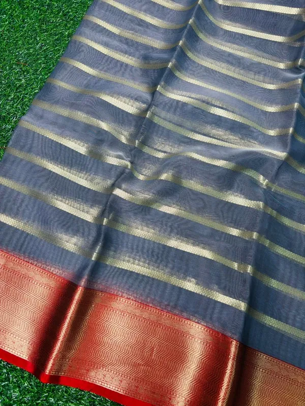 Grey_Silk_Saree_With_Golden_Stripes_And_Red_Border