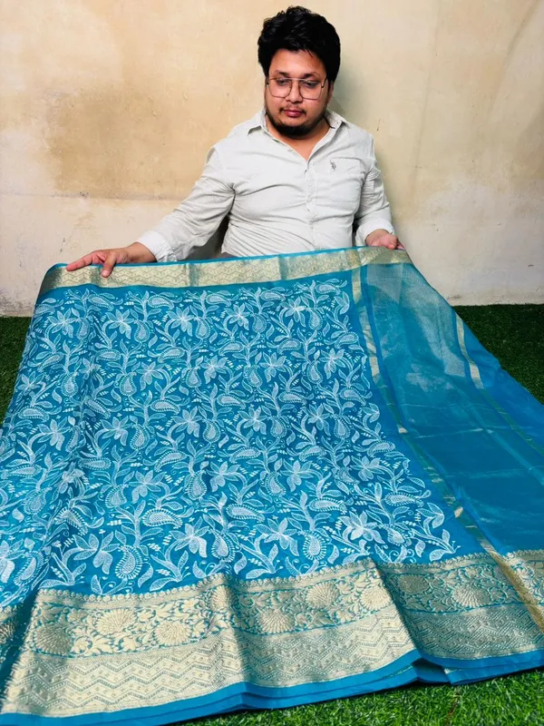 Sky_Blue_Organza_Silk_Chikan_Kari_Work_Banarasi_Saree