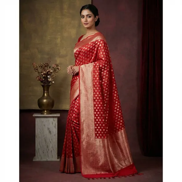 Dark_Red_Tissue_Silk_Ikat_Buti_Banarasi_Saree_With_Silver_Zari_Buti_Work_And_Woven_Border