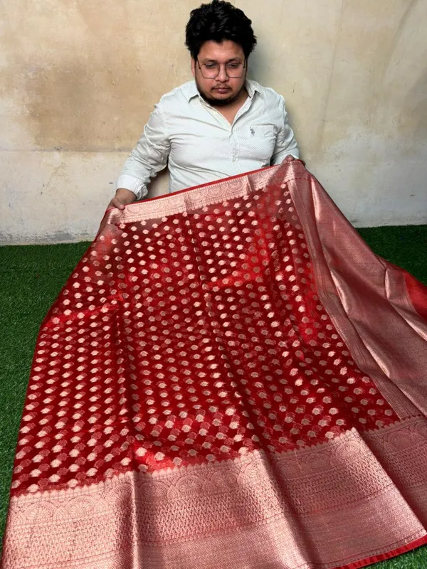 Dark_Red_Tissue_Silk_Ikat_Buti_Banarasi_Saree_With_Silver_Zari_Buti_Work_And_Woven_Border