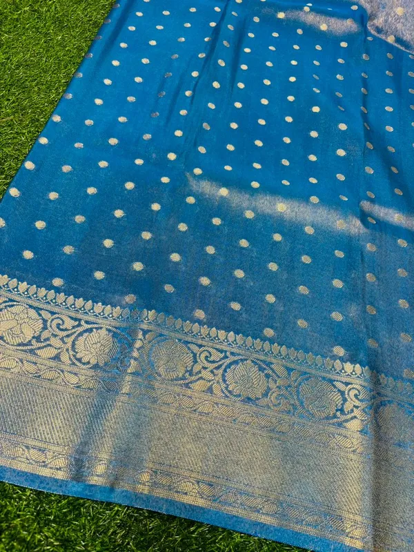 Blue_Breathable_Tissue_Silk_Saree_With_Golden_Zari_Work_And_Buti_Pattern