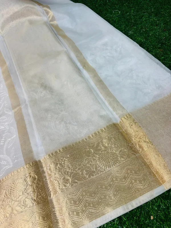 White_Organza_Silk_Chikan_Kari_Work_Banarasi_Saree