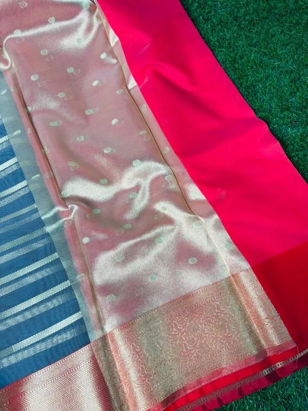 Grey_Silk_Saree_With_Golden_Stripes_And_Red_Border