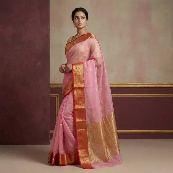 Peach_Banarasi_Silk_Saree_With_Red_Zari_Border