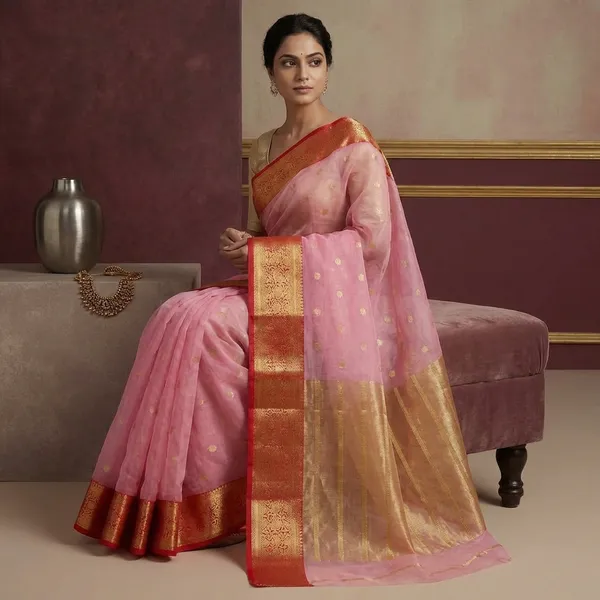 Peach_Banarasi_Silk_Saree_With_Red_Zari_Border