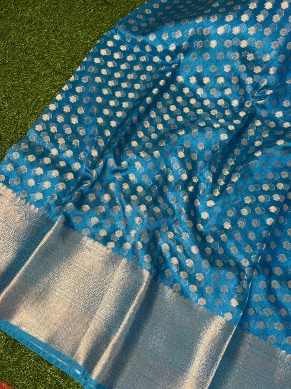 Blue_Tissue_Silk_Ikat_Buti_Banarasi_Saree_With_Silver_Zari_Buti_Work_And_Woven_Border