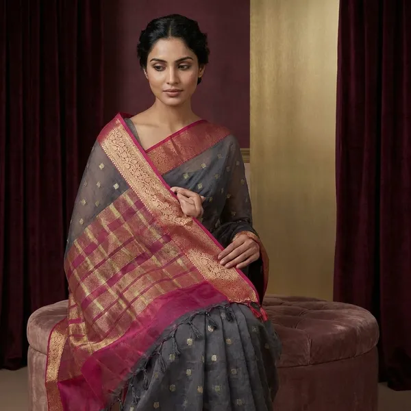 Elegant_Grey_Chanderi_Silk_Saree_With_Golden_Buti_And_Pink_Border