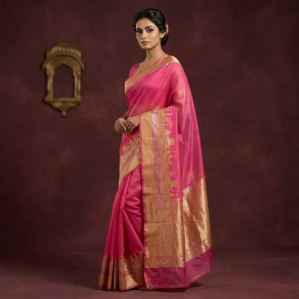 Vibrant_Pink_Georgette_Silk_Saree_With_Golden_Zari_Border