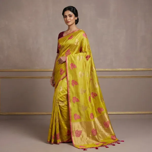 Mehandi_Yellow_Banarasi_Cotton_Silk_Saree_With_Pink_Floral_Weaving_And_Golden_Zari_Border