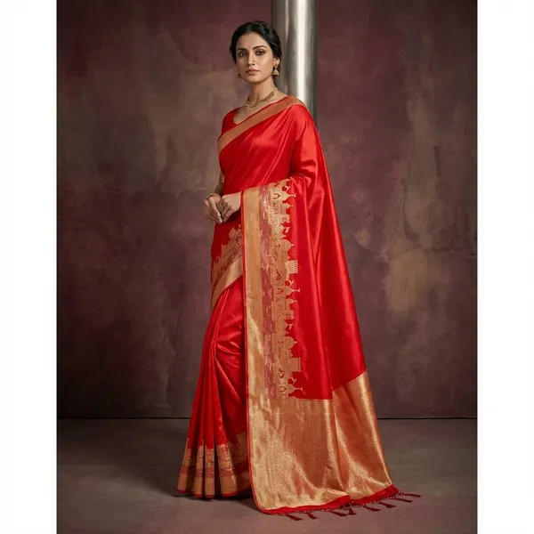 Red_Georgette_Silk_Saree_With_Golden_Temple_Border_And_Pallu