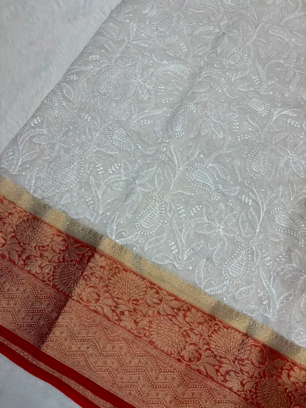 RED_&_WHITE_Organza_Silk_Chikan_Kari_Work_Banarasi_Saree