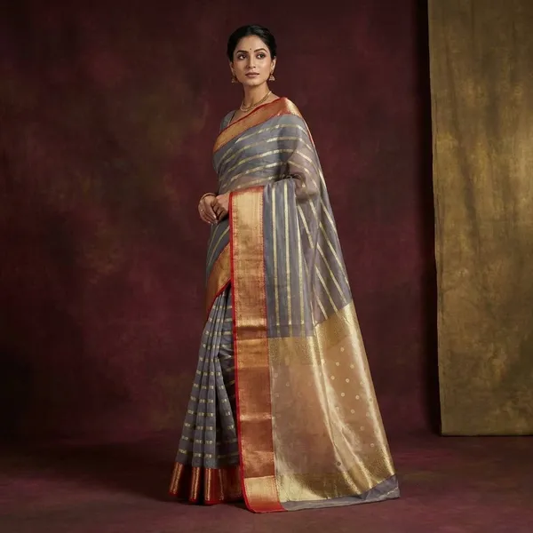 Grey_Silk_Saree_With_Golden_Stripes_And_Red_Border