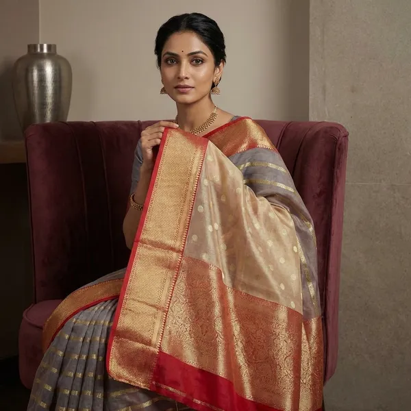 Grey_Silk_Saree_With_Golden_Stripes_And_Red_Border