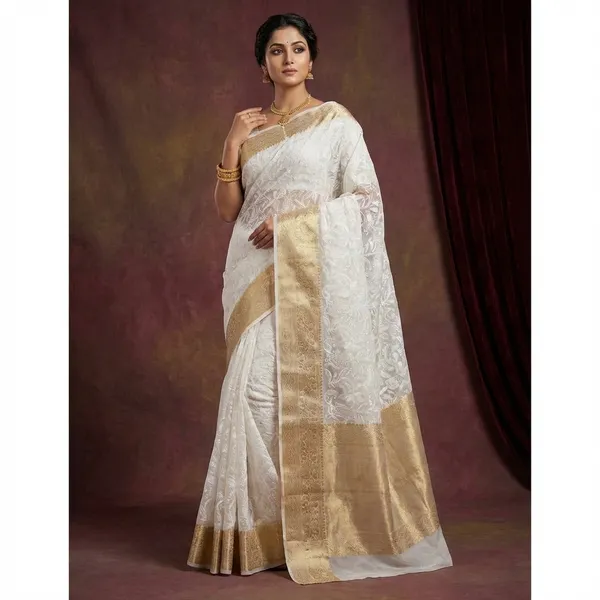 White_Organza_Silk_Chikan_Kari_Work_Banarasi_Saree