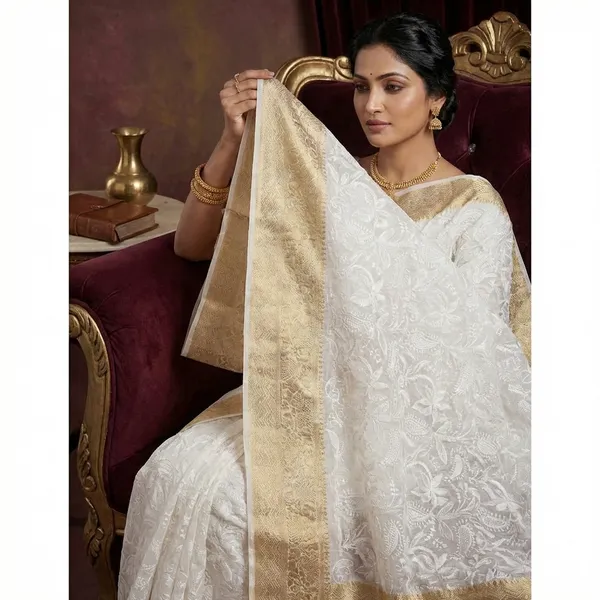 White_Organza_Silk_Chikan_Kari_Work_Banarasi_Saree