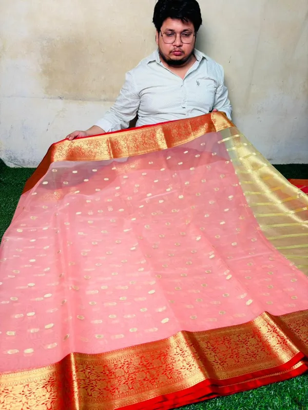 Peach_Banarasi_Silk_Saree_With_Red_Zari_Border