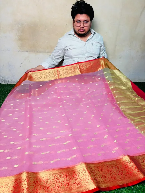 Pink_Chanderi_Silk_Saree_With_Silver_Zari_Border_And_Butta_Work