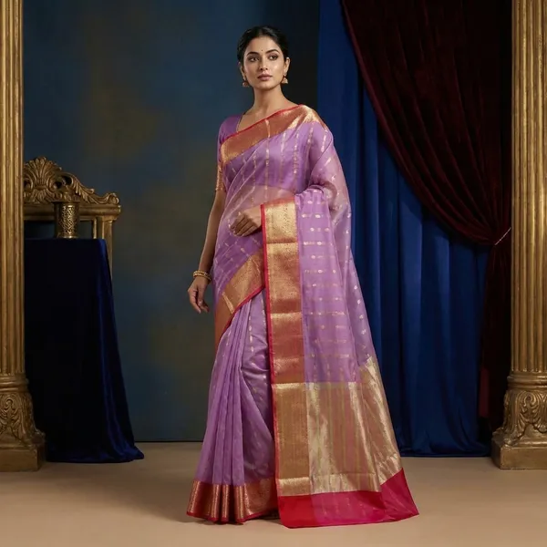 Pink_Chanderi_Silk_Saree_With_Silver_Zari_Border_And_Butta_Work