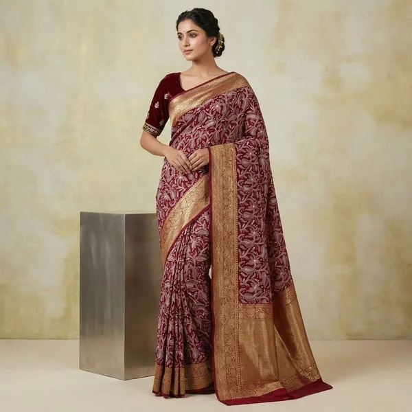 Maroon_Organza_Silk_Chikan_Kari_Work_Banarasi_Saree