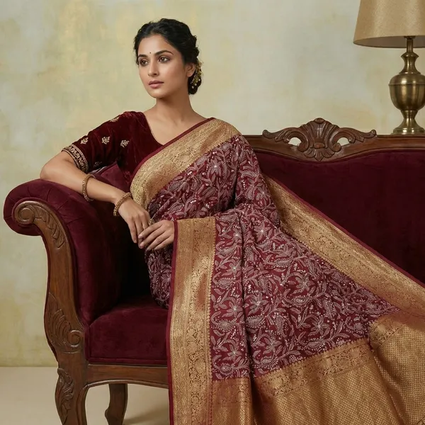 Maroon_Organza_Silk_Chikan_Kari_Work_Banarasi_Saree