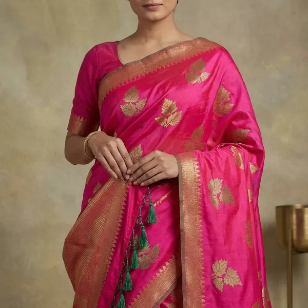 Bright_Pink_Banarasi_Cotton_Silk_Saree_With_Golden_And_Silver_Zari_Leaf_Motifs