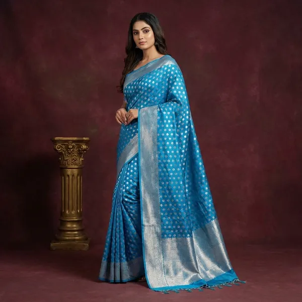 Blue_Tissue_Silk_Ikat_Buti_Banarasi_Saree_With_Silver_Zari_Buti_Work_And_Woven_Border